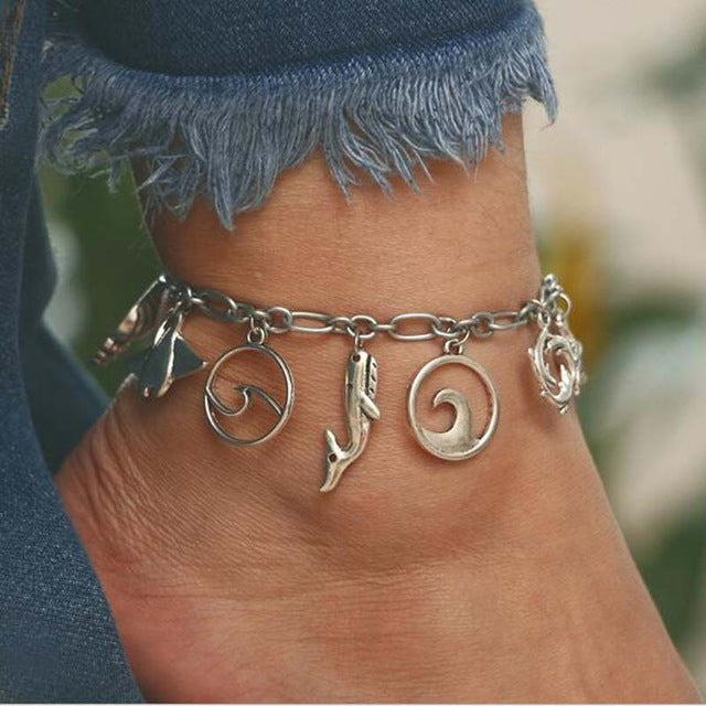 Silver Wave Dolphin Anklet